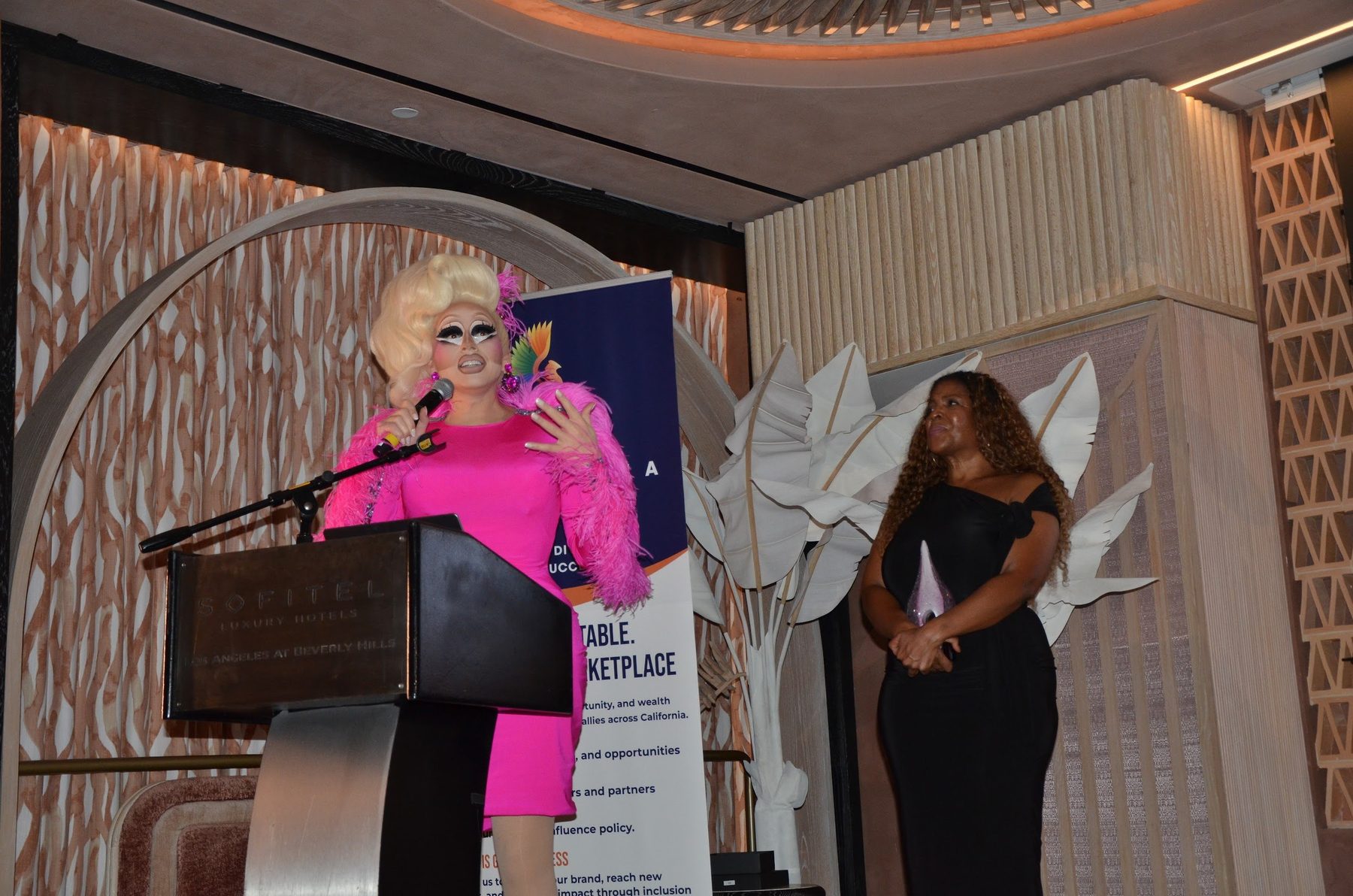 The honoree speaking at the podium